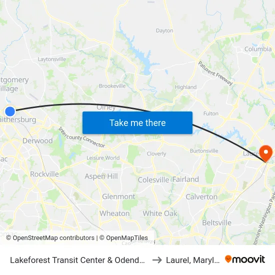 Lakeforest Transit Center & Odendhal Ave to Laurel, Maryland map