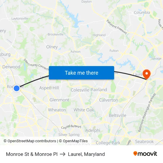Monroe St & Monroe Pl to Laurel, Maryland map