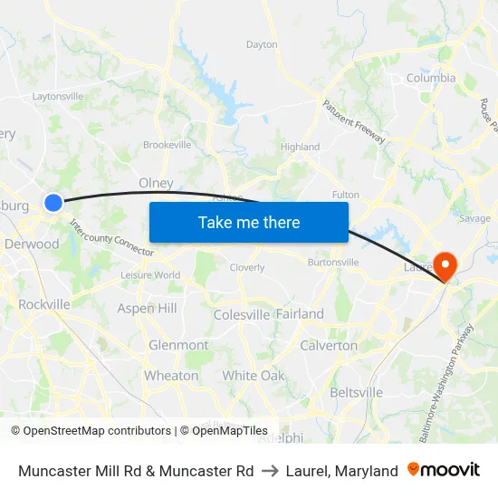 Muncaster Mill Rd & Muncaster Rd to Laurel, Maryland map