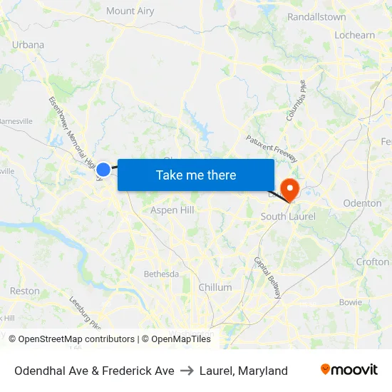 Odendhal Ave & Frederick Ave to Laurel, Maryland map