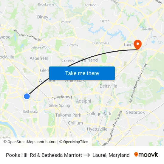 Pooks Hill Rd & Bethesda Marriott to Laurel, Maryland map