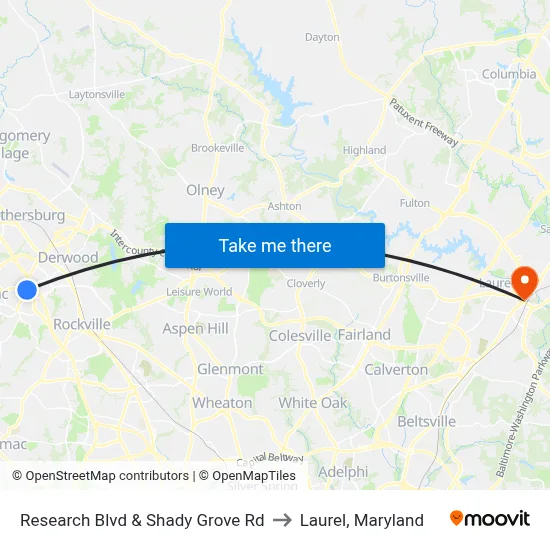 Research Blvd & Shady Grove Rd to Laurel, Maryland map