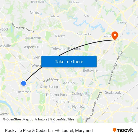 Rockville Pike & Cedar Ln to Laurel, Maryland map
