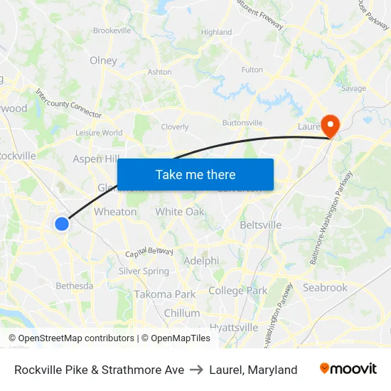Rockville Pike & Strathmore Ave to Laurel, Maryland map