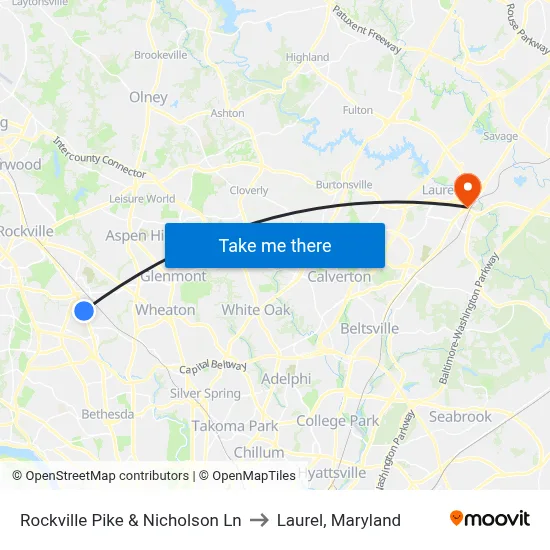 Rockville Pike & Nicholson Ln to Laurel, Maryland map