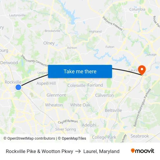 Rockville Pike & Wootton Pkwy to Laurel, Maryland map