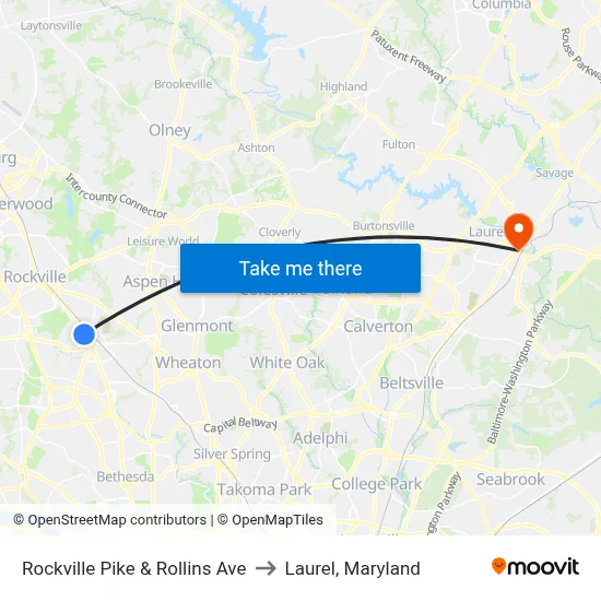 Rockville Pike & Rollins Ave to Laurel, Maryland map