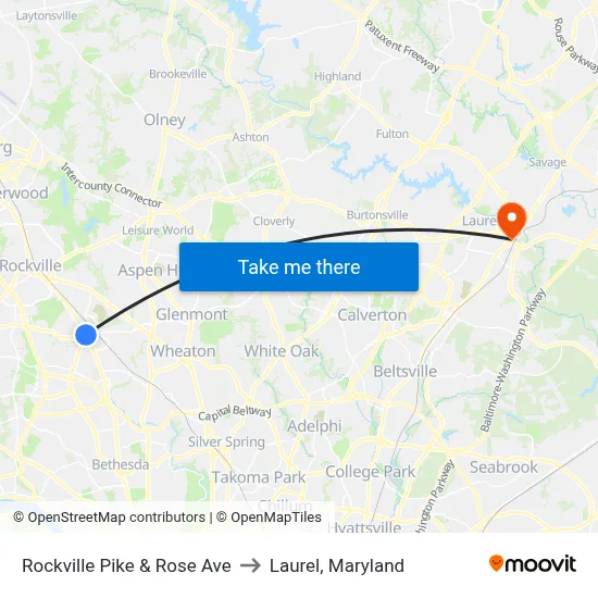Rockville Pike & Rose Ave to Laurel, Maryland map