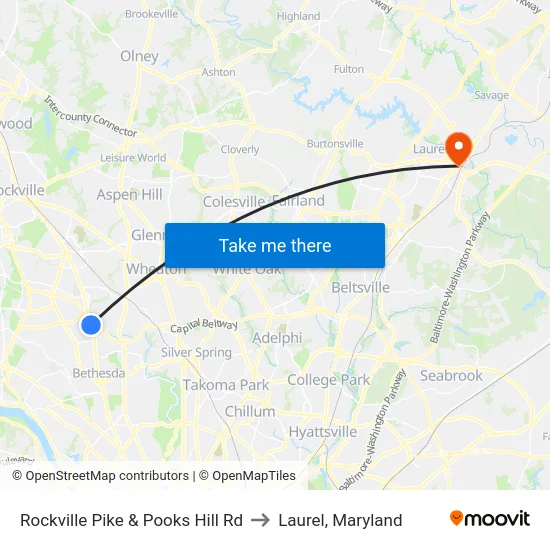 Rockville Pike & Pooks Hill Rd to Laurel, Maryland map