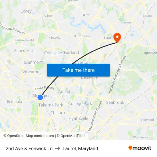 2nd Ave & Fenwick Ln to Laurel, Maryland map