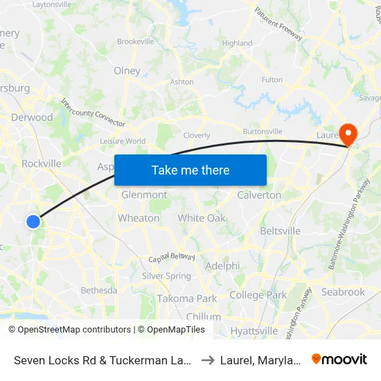 Seven Locks Rd & Tuckerman Lane to Laurel, Maryland map