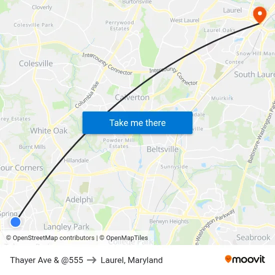 Thayer Ave & @555 to Laurel, Maryland map