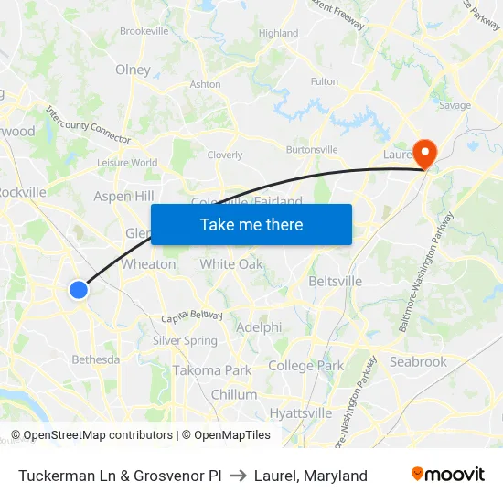 Tuckerman Ln & Grosvenor Pl to Laurel, Maryland map