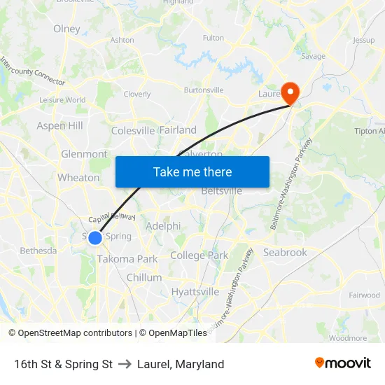 16th St & Spring St to Laurel, Maryland map