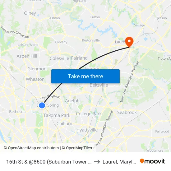 16th St & @8600 (Suburban Tower Apts) to Laurel, Maryland map