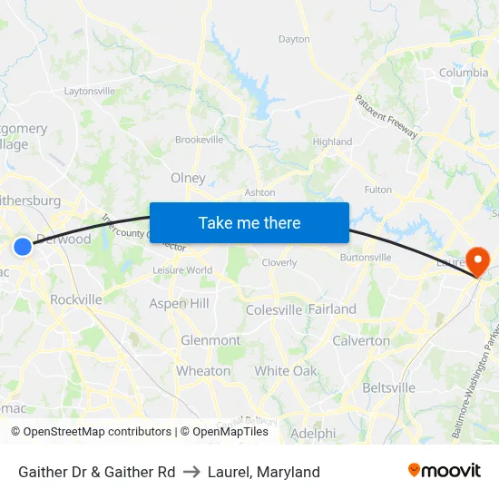 Gaither Dr & Gaither Rd to Laurel, Maryland map