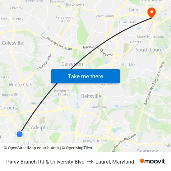 Piney Branch Rd & University Blvd to Laurel, Maryland map