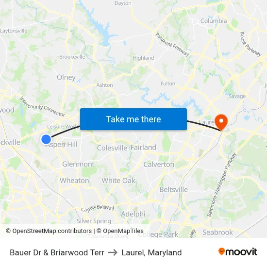 Bauer Dr & Briarwood Terr to Laurel, Maryland map