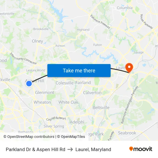 Parkland Dr & Aspen Hill Rd to Laurel, Maryland map