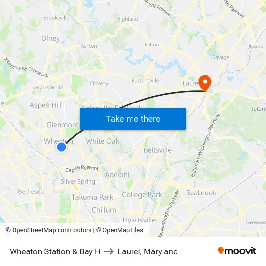 Wheaton Station  & Bay H to Laurel, Maryland map