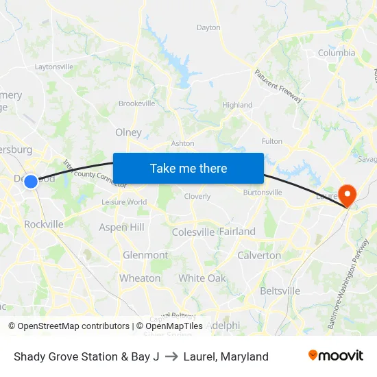 Shady Grove Station & Bay J to Laurel, Maryland map