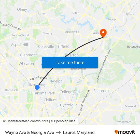 Wayne Ave & Georgia Ave to Laurel, Maryland map