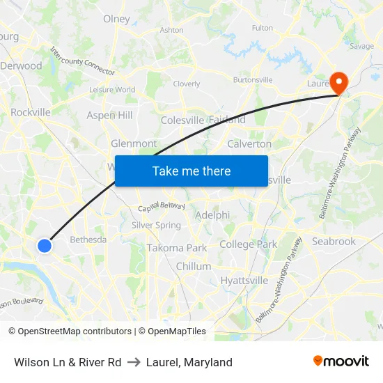 Wilson Ln & River Rd to Laurel, Maryland map