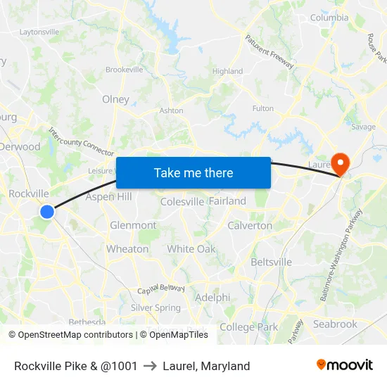 Rockville Pike & @1001 to Laurel, Maryland map