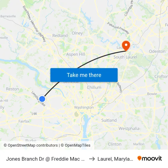 Jones Branch Dr @ Freddie Mac Ctr to Laurel, Maryland map
