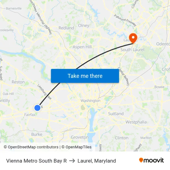 Vienna Metro South Bay R to Laurel, Maryland map