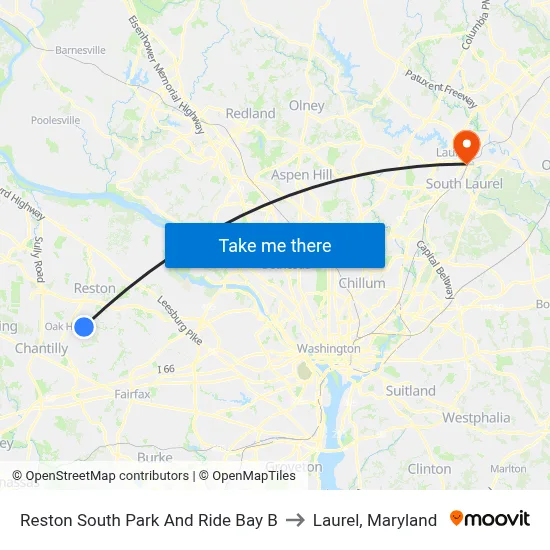 Reston South Park And Ride Bay B to Laurel, Maryland map