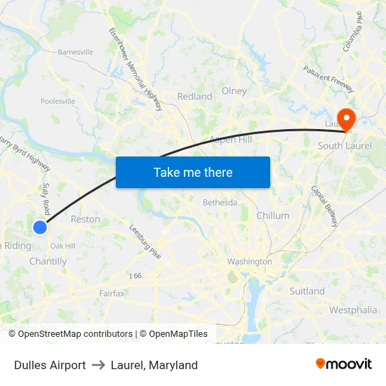 Dulles Airport to Laurel, Maryland map
