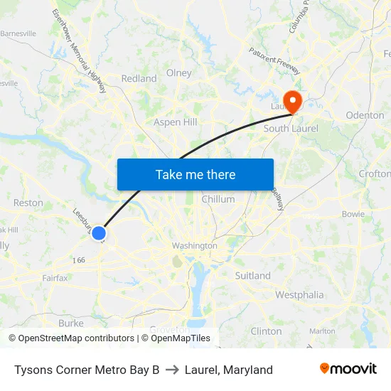 Tysons Corner Metro Bay B to Laurel, Maryland map