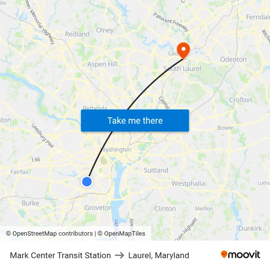Mark Center Transit Station to Laurel, Maryland map