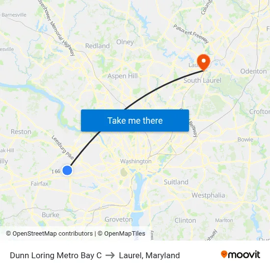 Dunn Loring Metro Bay C to Laurel, Maryland map