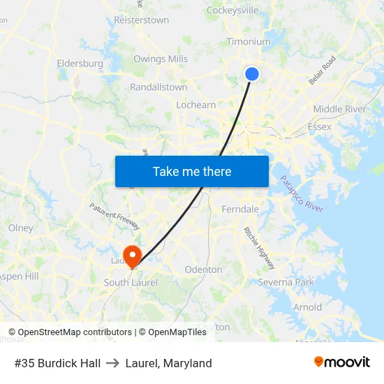 #35 Burdick Hall to Laurel, Maryland map