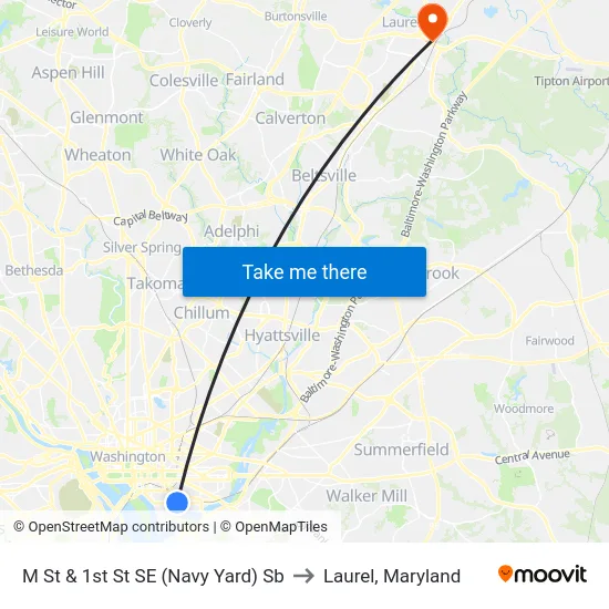 M St & 1st St SE (Navy Yard) Sb to Laurel, Maryland map