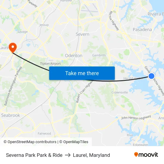 Severna Park Park & Ride to Laurel, Maryland map