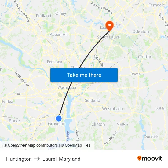 Huntington to Laurel, Maryland map
