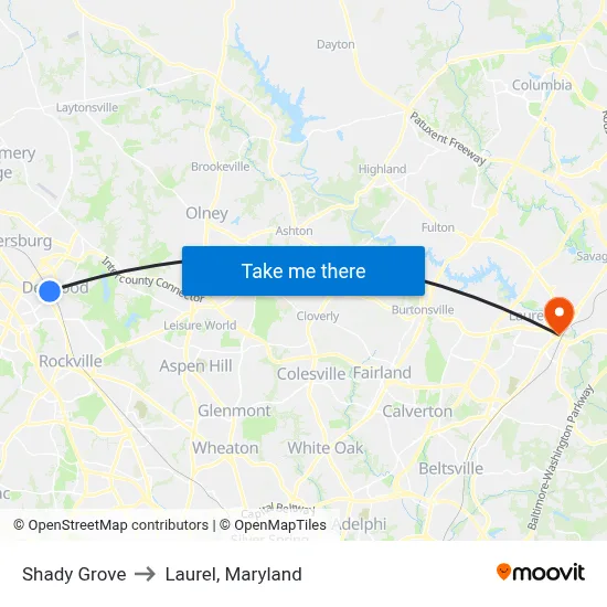 Shady Grove to Laurel, Maryland map