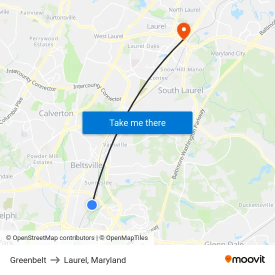Greenbelt to Laurel, Maryland map