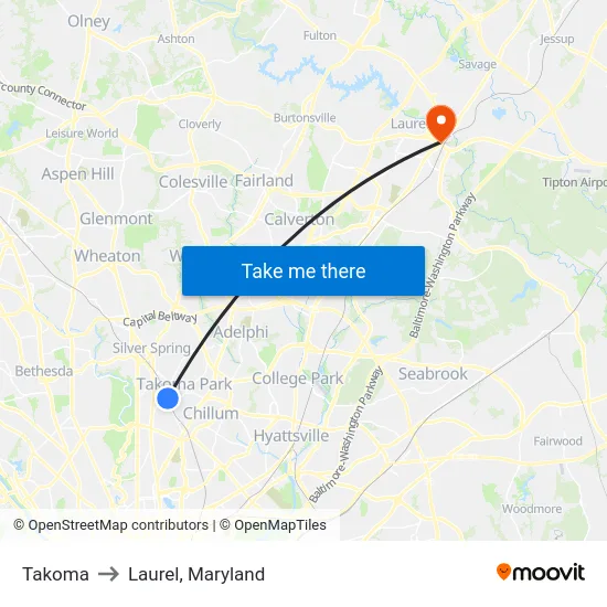Takoma to Laurel, Maryland map