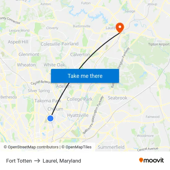 Fort Totten to Laurel, Maryland map