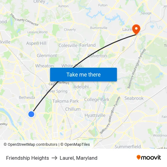Friendship Heights to Laurel, Maryland map