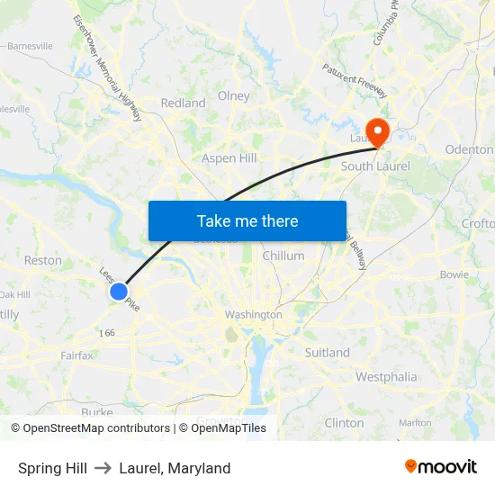 Spring Hill to Laurel, Maryland map