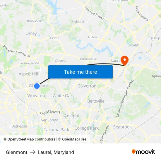 Glenmont to Laurel, Maryland map