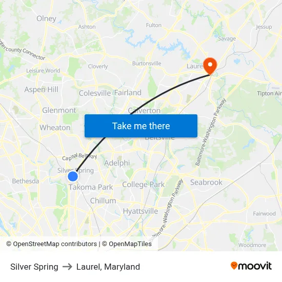 Silver Spring to Laurel, Maryland map