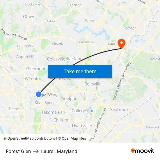 Forest Glen to Laurel, Maryland map