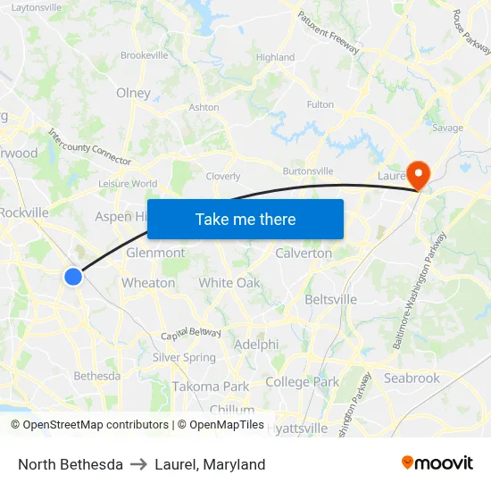 North Bethesda to Laurel, Maryland map