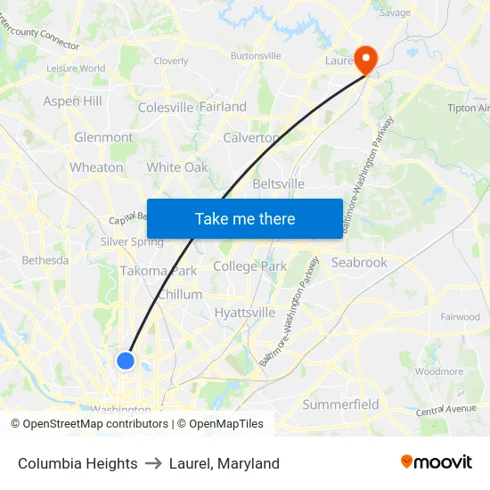 Columbia Heights to Laurel, Maryland map